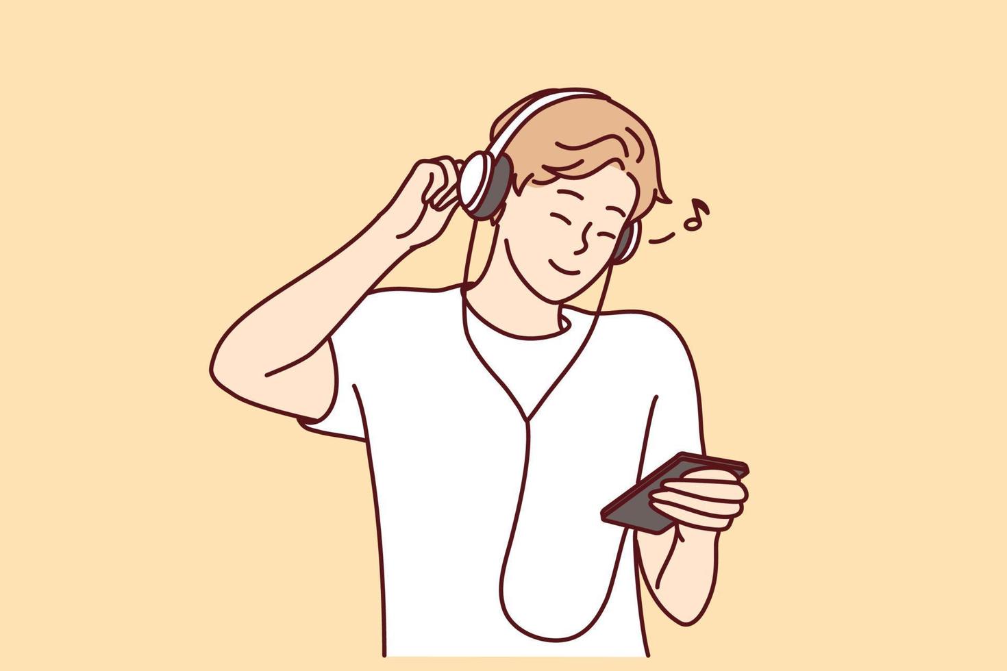 sonriente joven hombre en auriculares escucha a música en Teléfono móvil. contento milenario chico en auriculares disfrutar bueno calidad sonido en teléfono inteligente vector ilustración.