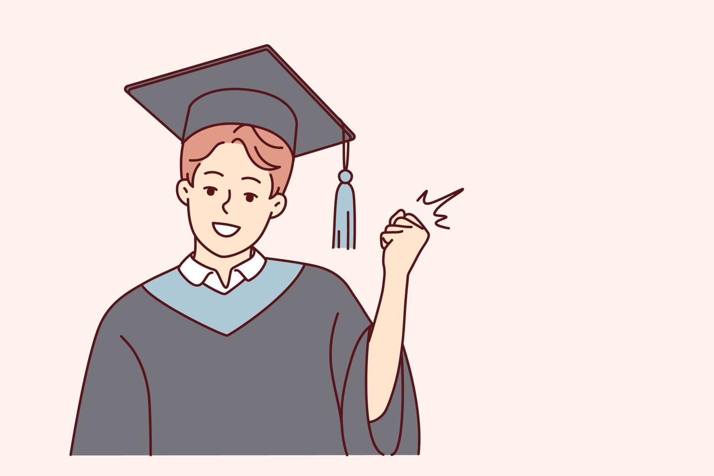 retrato de sonriente masculino estudiante en manto y sombrero hacer si mano gesto para exitoso Universidad graduación. contento chico graduado en túnica. educación. vector ilustración.