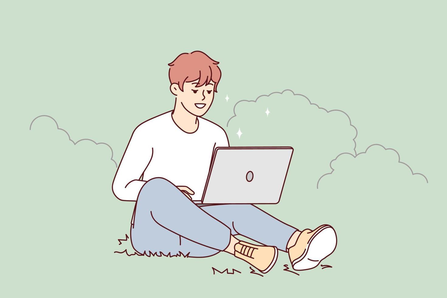 Smiling young man sit on grass in park working on laptop. Happy guy relax outdoors with computer. Freelancer and remote work. Vector illustration.