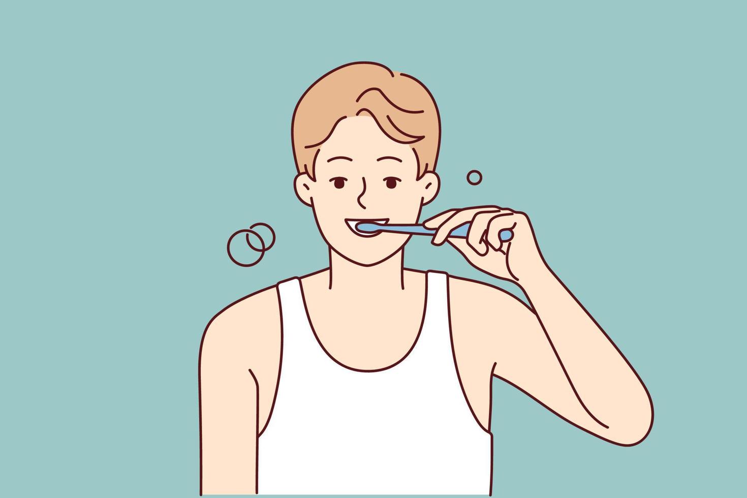 Smiling young man brushing teeth with toothbrush in morning. Happy guy do oral care daily routine in bathroom. Good habit. Vector illustration.