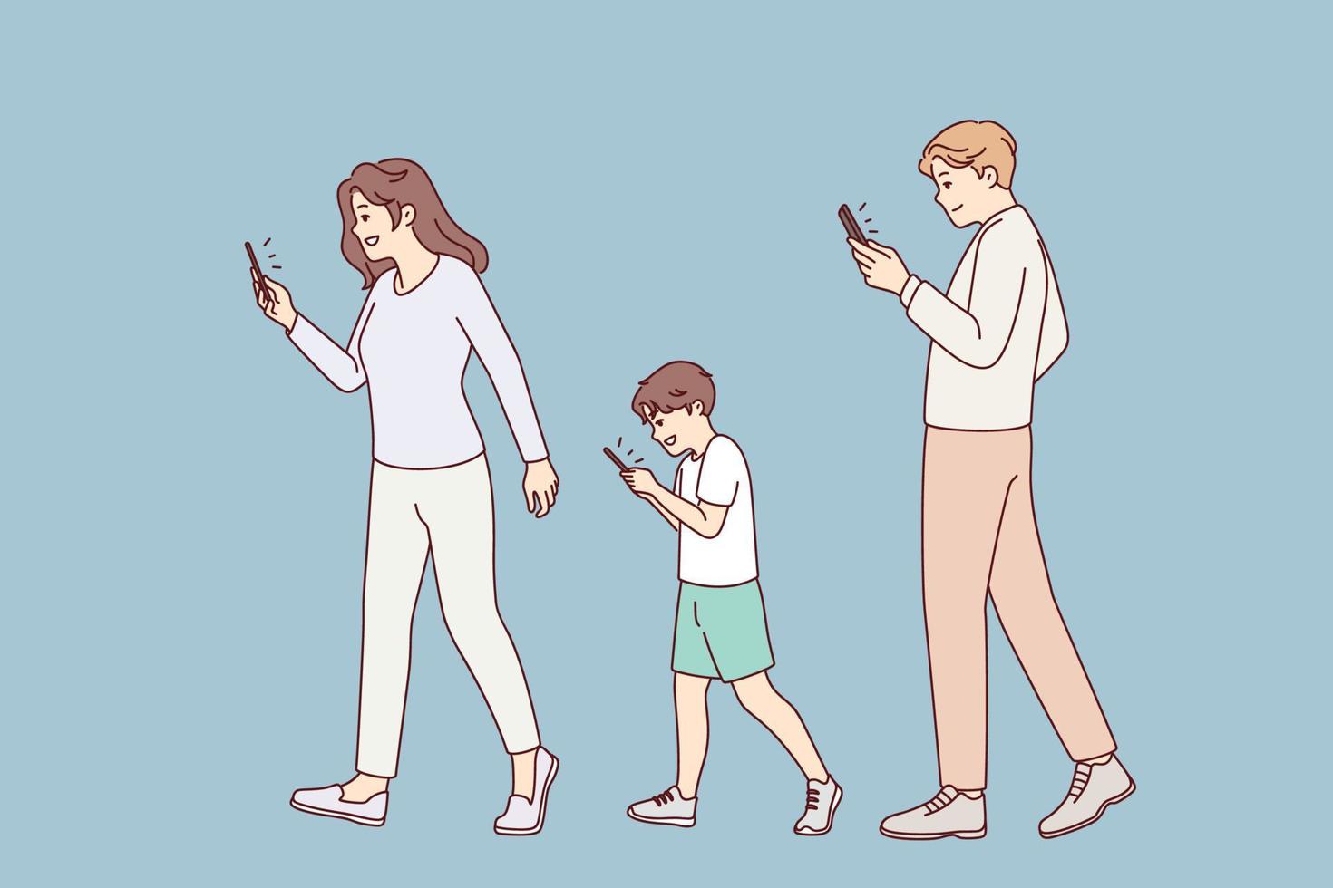 familia con niño caminando calle participación teléfonos inteligentes fanático padres y niño utilizando Teléfono móvil. móvil Los telefonos y tecnología adiccion. vector ilustración.