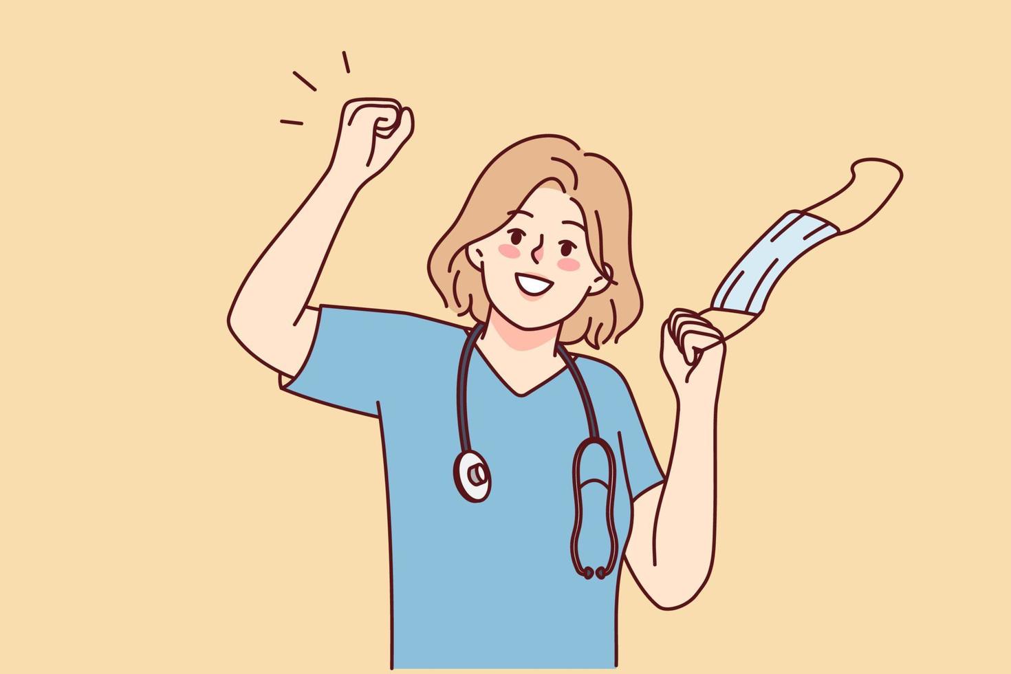 lleno de alegría médico especialista tomar apagado cara máscara celebrar final de aislamiento. sonriente médico o enfermero eliminar facial máscara sensación optimista. vector ilustración.