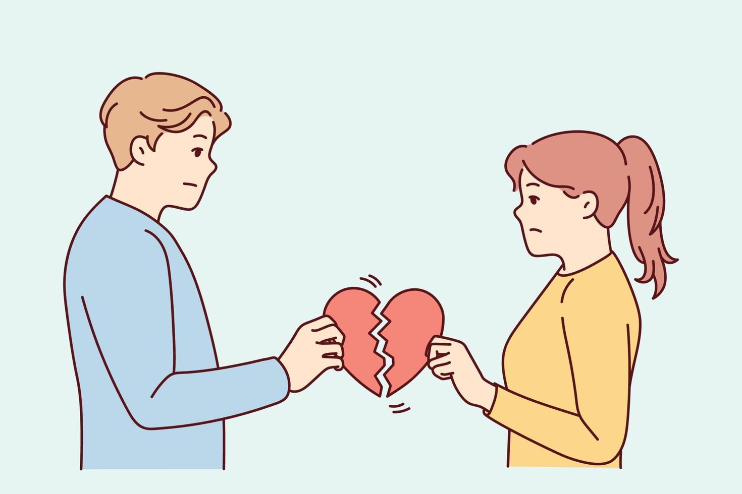 Unhappy couple holding broken heart suffer after breakup or split. Upset man and woman break up relationships. Love end and family divorce. Vector illustration.