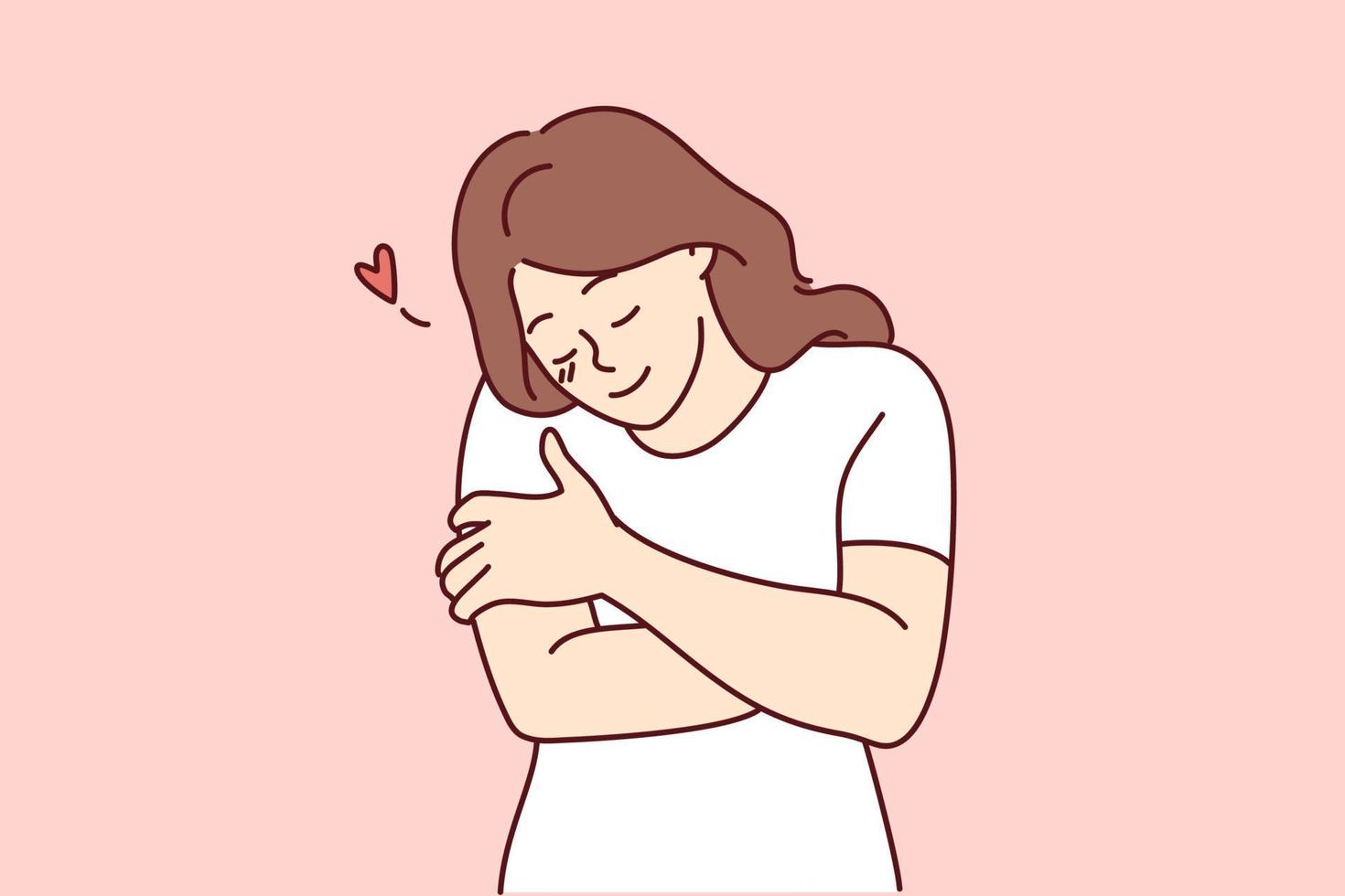 contento joven mujer abrazando sí misma espectáculo amor propio y cuidado. sonriente niña abrazo cuerpo sensación seguro y cuerpo positivo. vector ilustración.