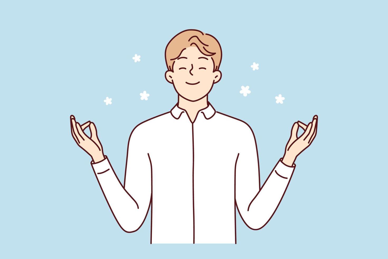 Happy young man with mudra hands meditate relieve negative emotions. Smiling calm male practice yoga think positive. Mental health concept. Vector illustration.