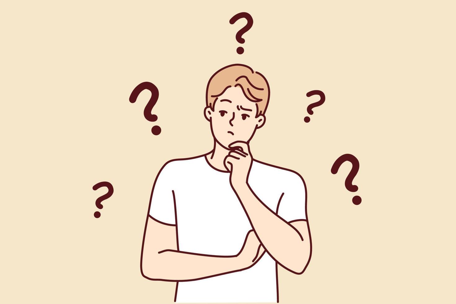 Confused man wondering looking for problem solution. Pensive young guy frustrated with trouble thinking and brainstorming. Vector illustration.