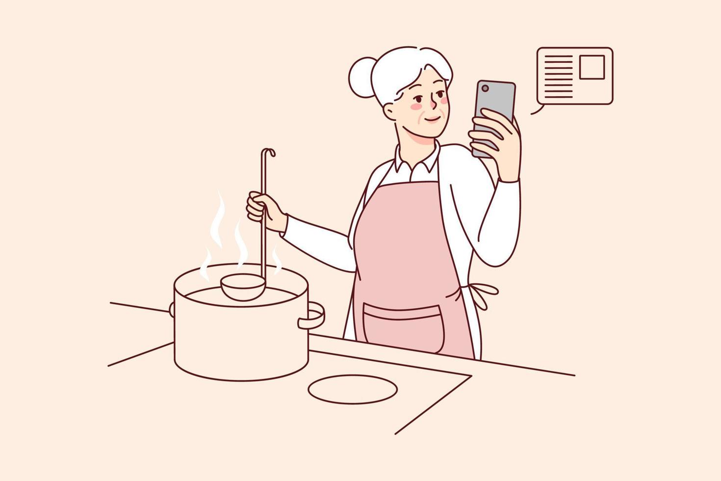 Elderly woman cooking soup at kitchen with online recipe on cellphone. Smiling modern old grandmother preparing food using cookbook or application on mobile. Vector illustration.