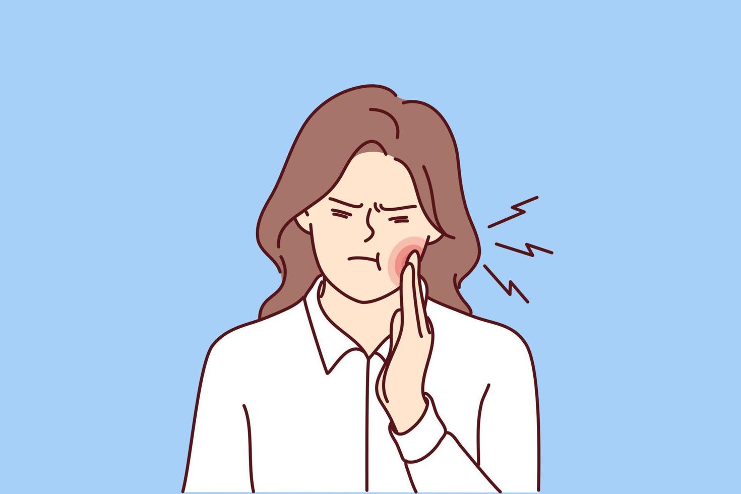 Unhappy woman touch cheek suffer from toothache have decay or caries. Unwell girl struggle with painful feeling having dental ache. Oral care concept. Vector illustration.