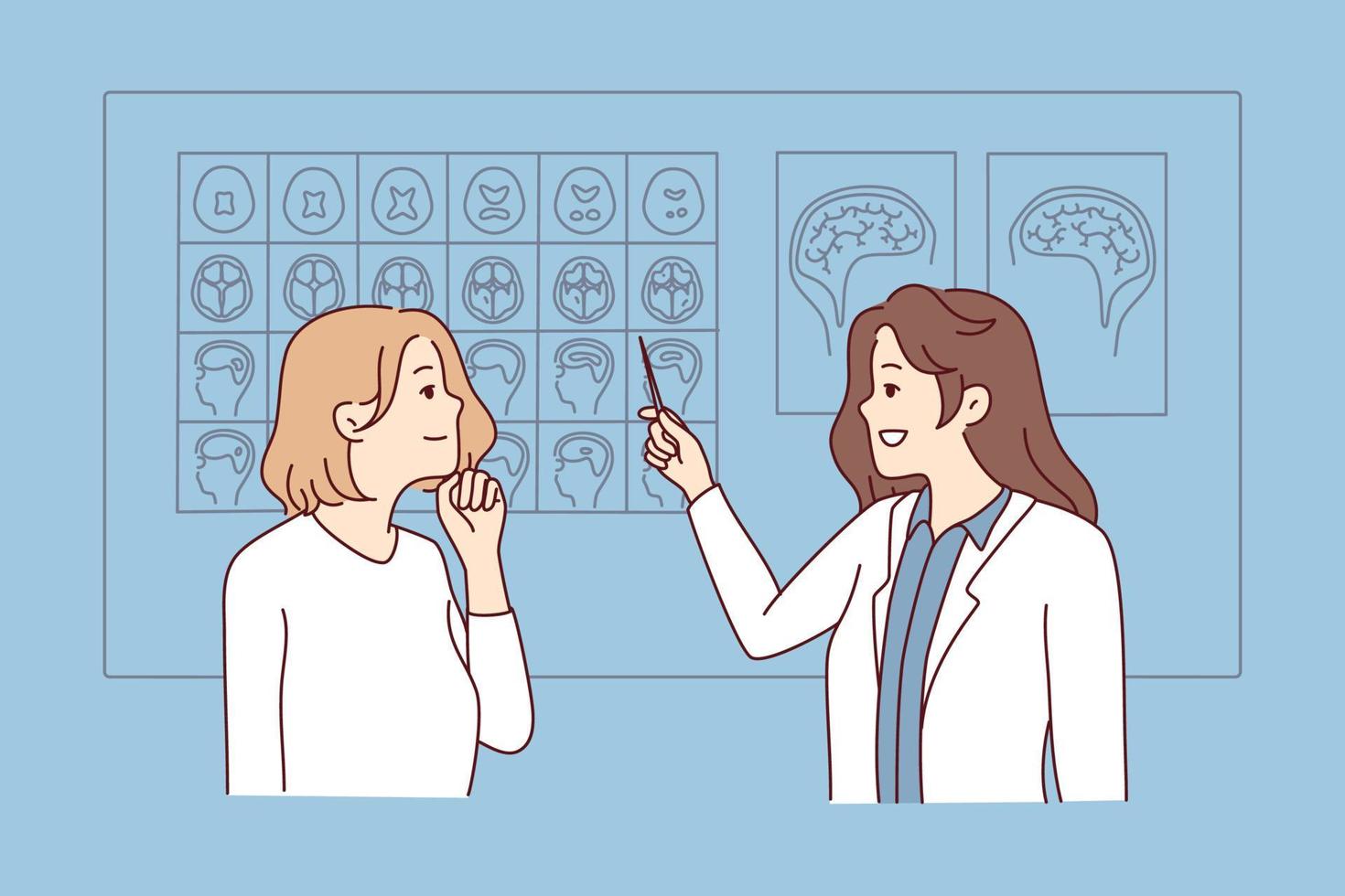 Woman doctor show images of brain to pensive female patient in hospital. Neurologist consult client in clinic. MRI examination and neurology. Vector illustration.