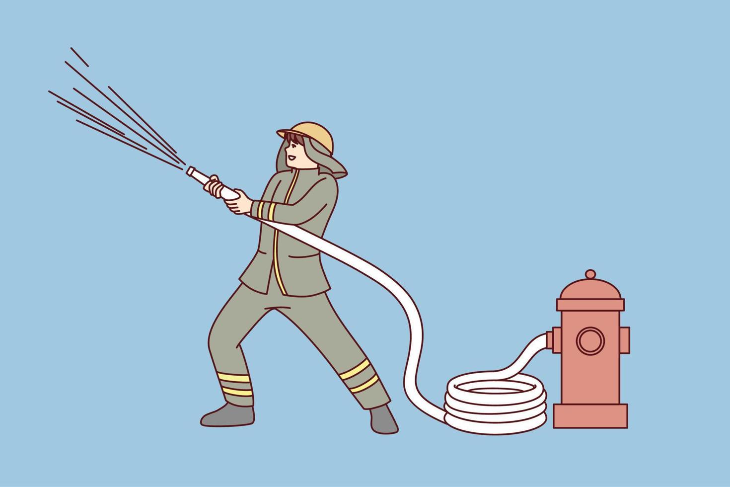 Male fireman with hose pouring water on burning building or house. Man fire fighter in uniform working on emergency site. Firefighting concept. Vector illustration.