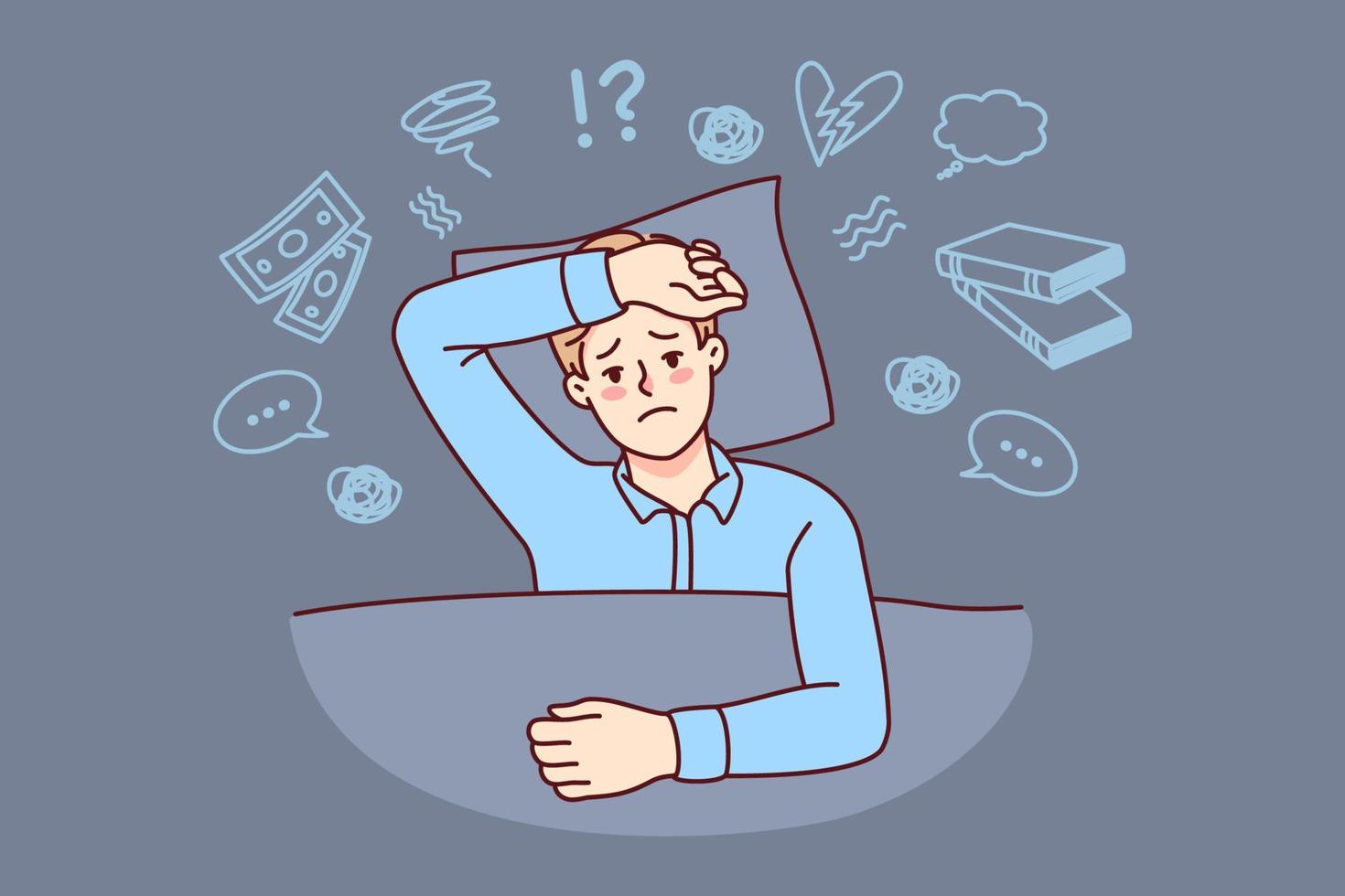 Unhappy man lying in bed suffer from insomnia overthinking. Stressed guy have sleepless night thinking too much. Vector illustration.