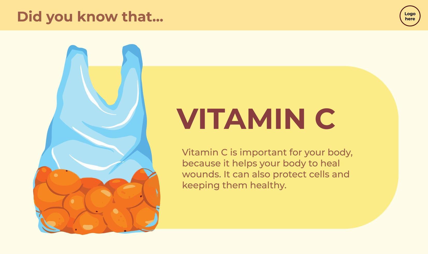 Vitamin C healthy supplement vector illustration banner or poster with descriptive texts isolated on landscape template. Simple and flat lay out for minimalist styled social media, web, brochure.