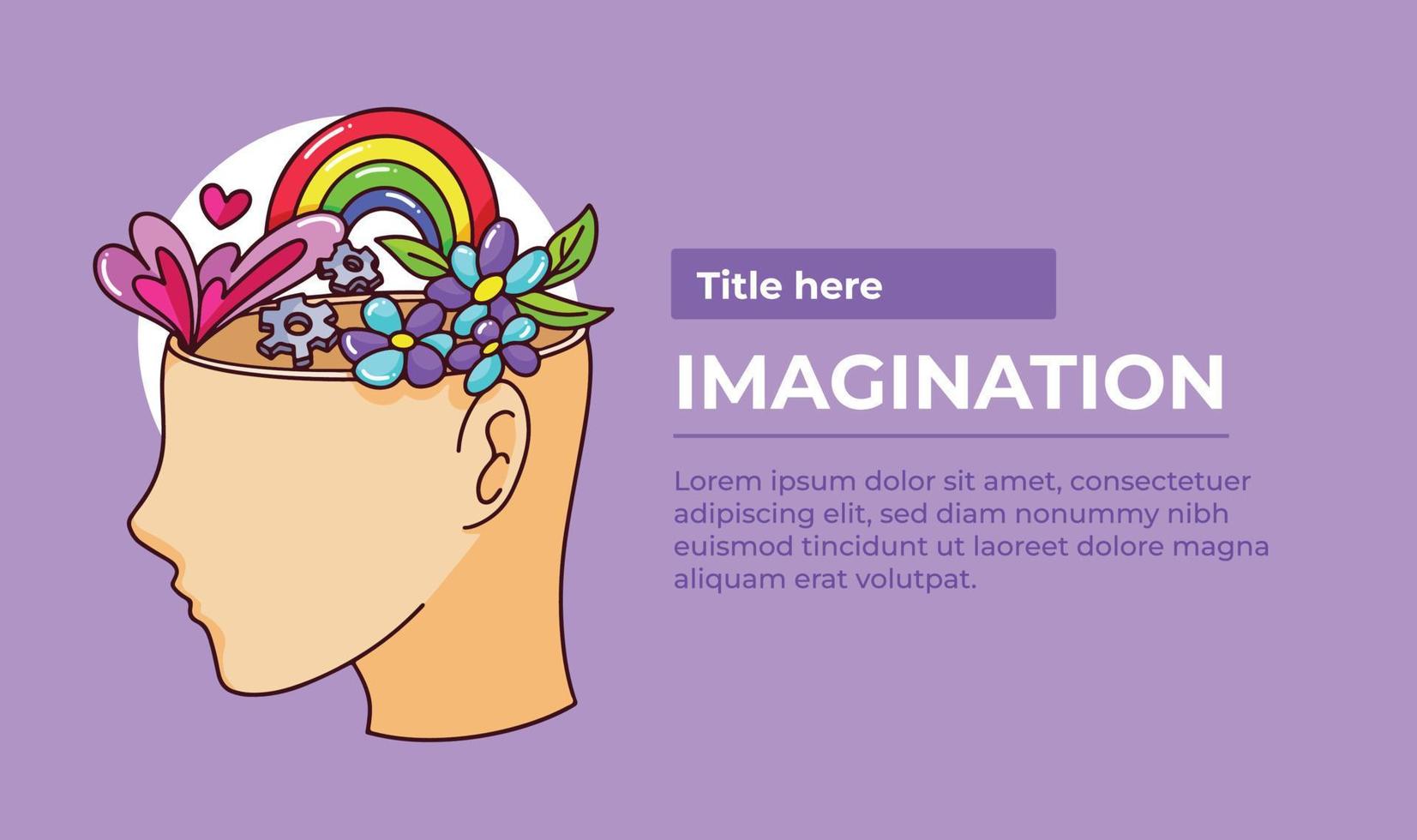 Imagination vector illustration with descriptive text banner or poster card design layout isolated on purple template with simple flat art style for paper print, label, or website and social media.