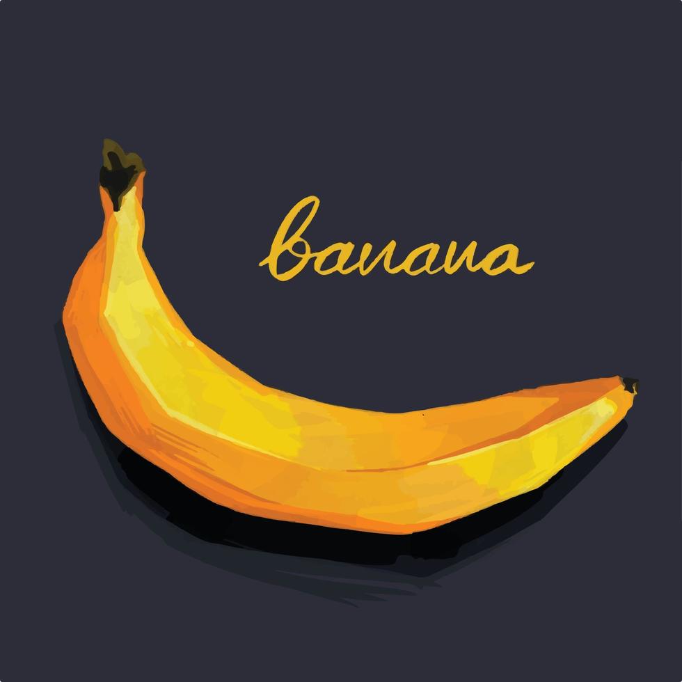 Textured single yellow one banana vector illustration fruit isolated on dark square background. Artsy banana food drawing with hand written text.