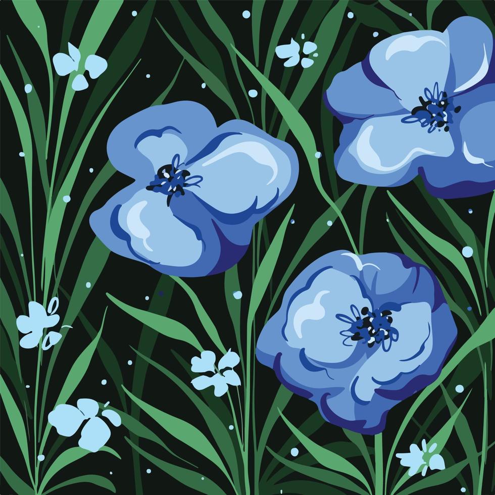 Tres azul flor vector ilustración con oscuro negro y verde hojas decoración aislado en cuadrado modelo. sencillo plano fondo de pantalla fondo para papel y bufanda textil impresión o social medios de comunicación correo.