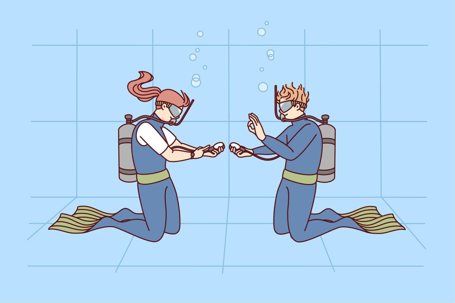 Divers in uniform in swimming pool. Man and woman diving underwater with tubes having lesson together. Scuba diving concept. Vector illustration.