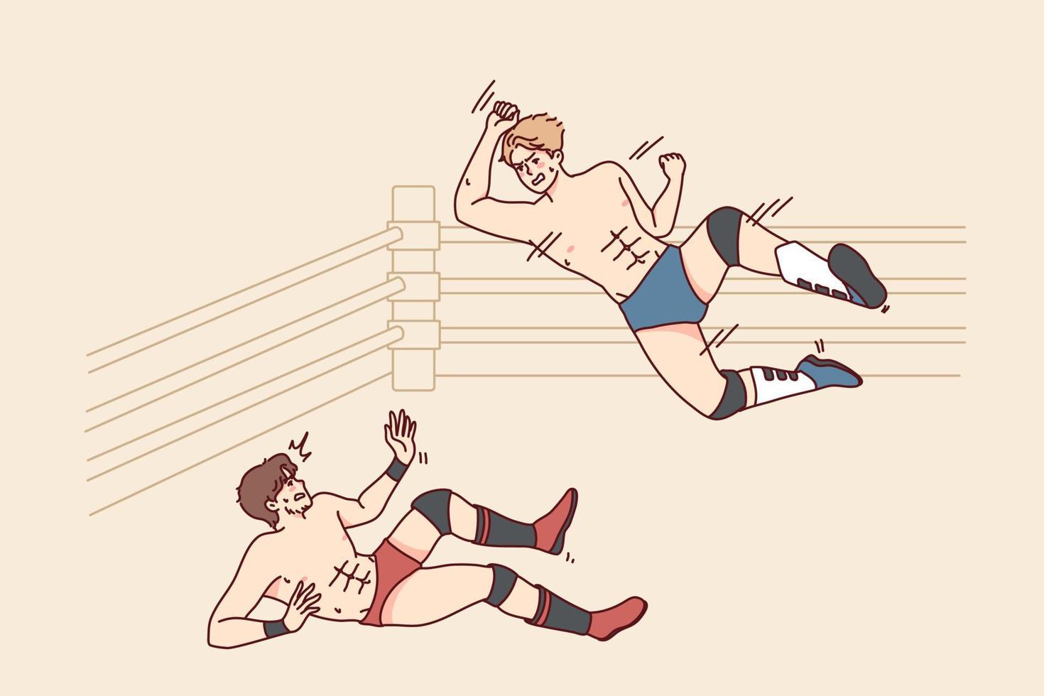 agresivo hombres luchando en mma anillo. enojado activo Atletas o deportistas tener No reglas lucha o batalla. vector ilustración.