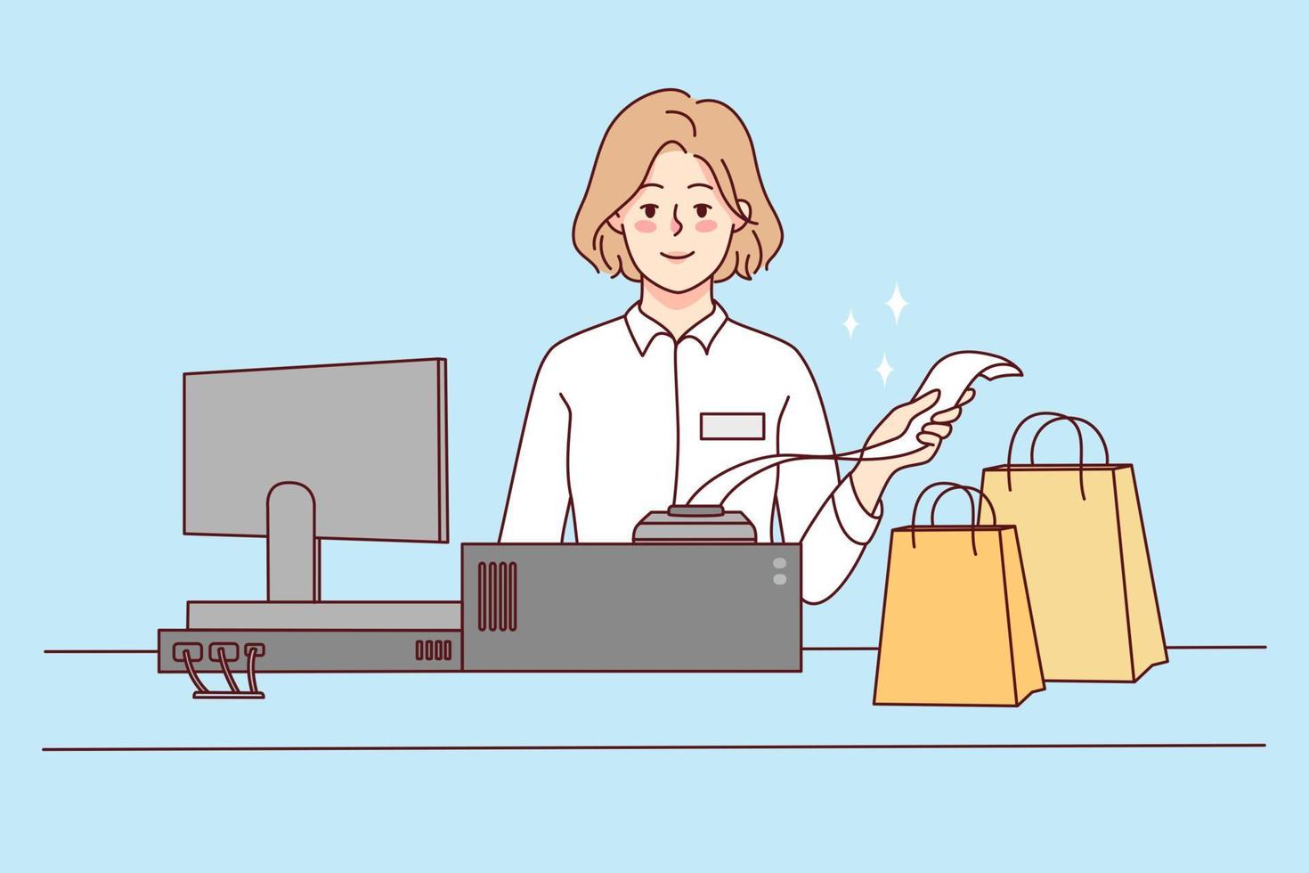 Smiling female cashier with bags at shop register. Woman selling products giving bill to client in store. Good service and consumerism. Vector illustration.