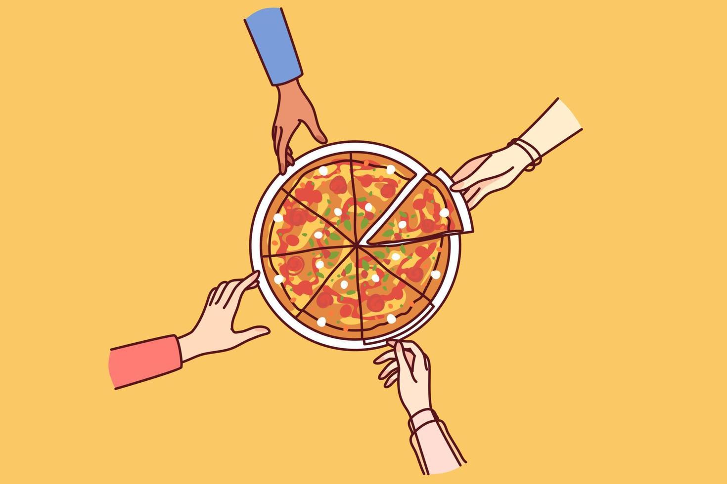 Close-up of people eating pizza together. Friends or colleagues share Italian fast food at work break in office. Vector illustration.