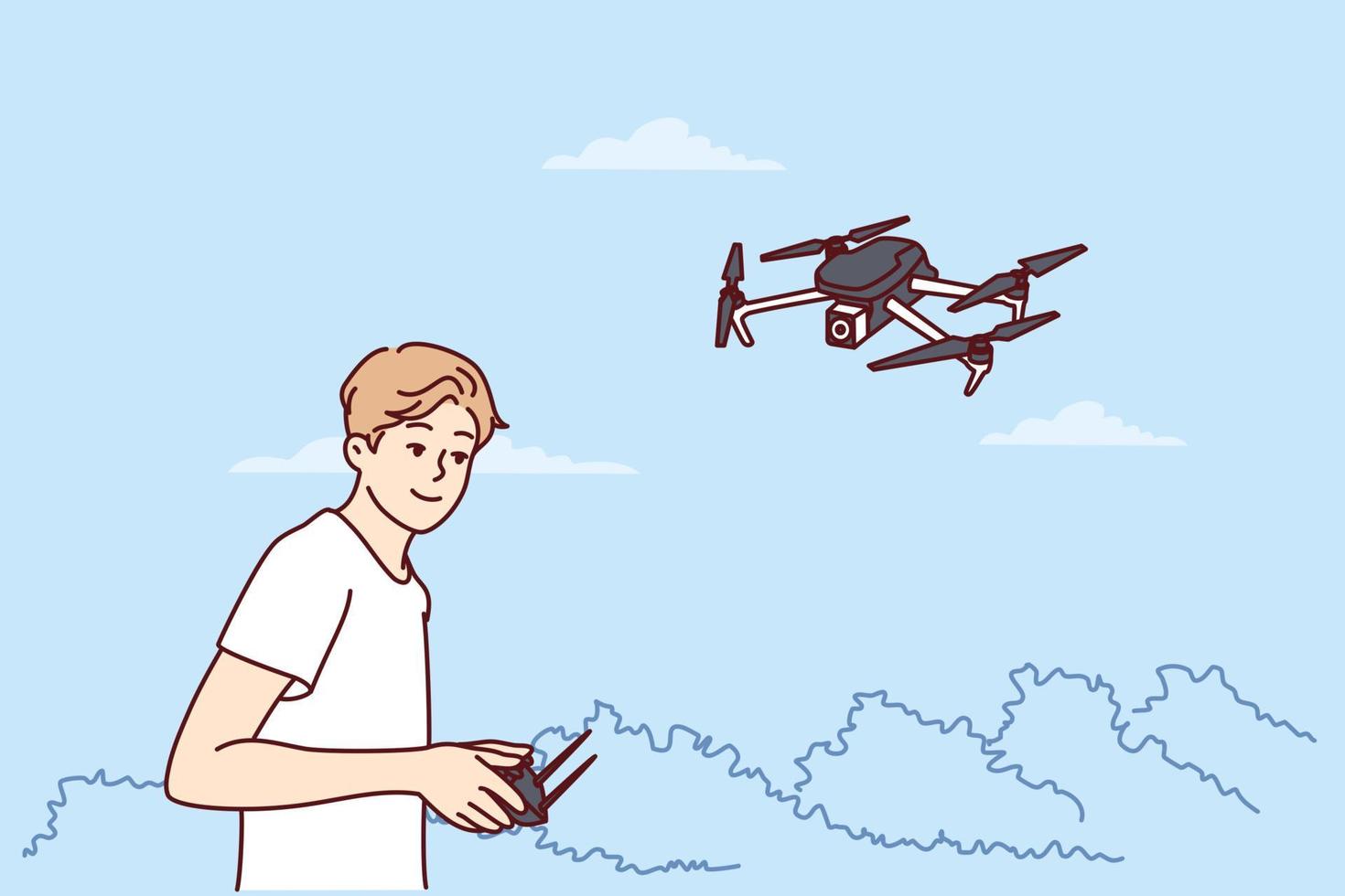 Teenage boy launches quadcopter using remote control and makes aerial photography from drone. Guy has hobby launching miniature aircraft or quadcopter with remote operation wanting to become operator vector