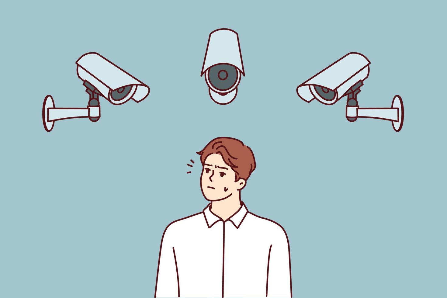 Embarrassed man stands among cameras recording every step of city dwellers to prevent commission of crimes. Dissatisfied man looking at CCTV cameras wondering if Big Brother is spying vector