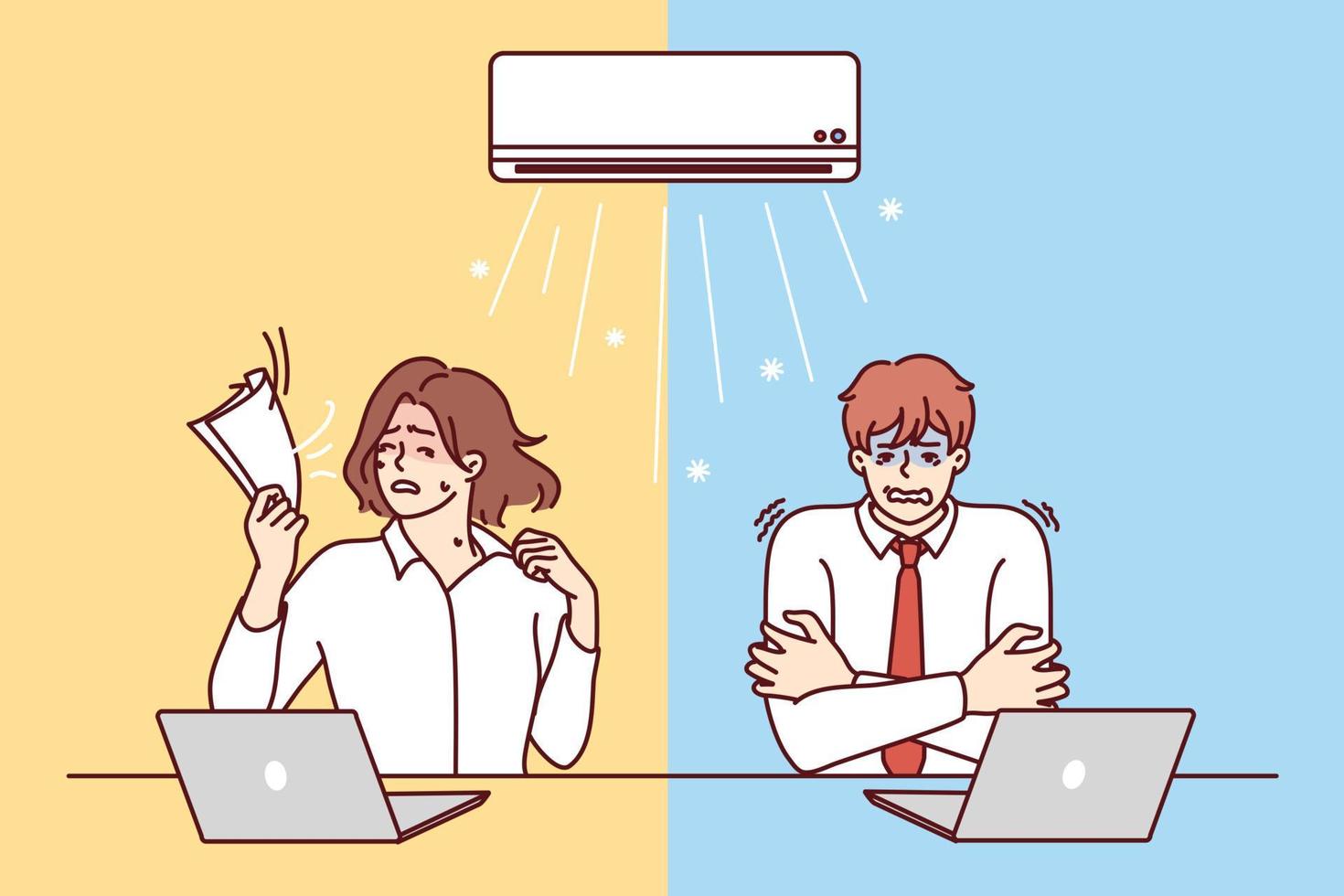 Man and woman sitting at table under air conditioner experience discomfort due to different perceptions of climate. Using office air conditioner to keep warm in winter or cool in summer climates vector