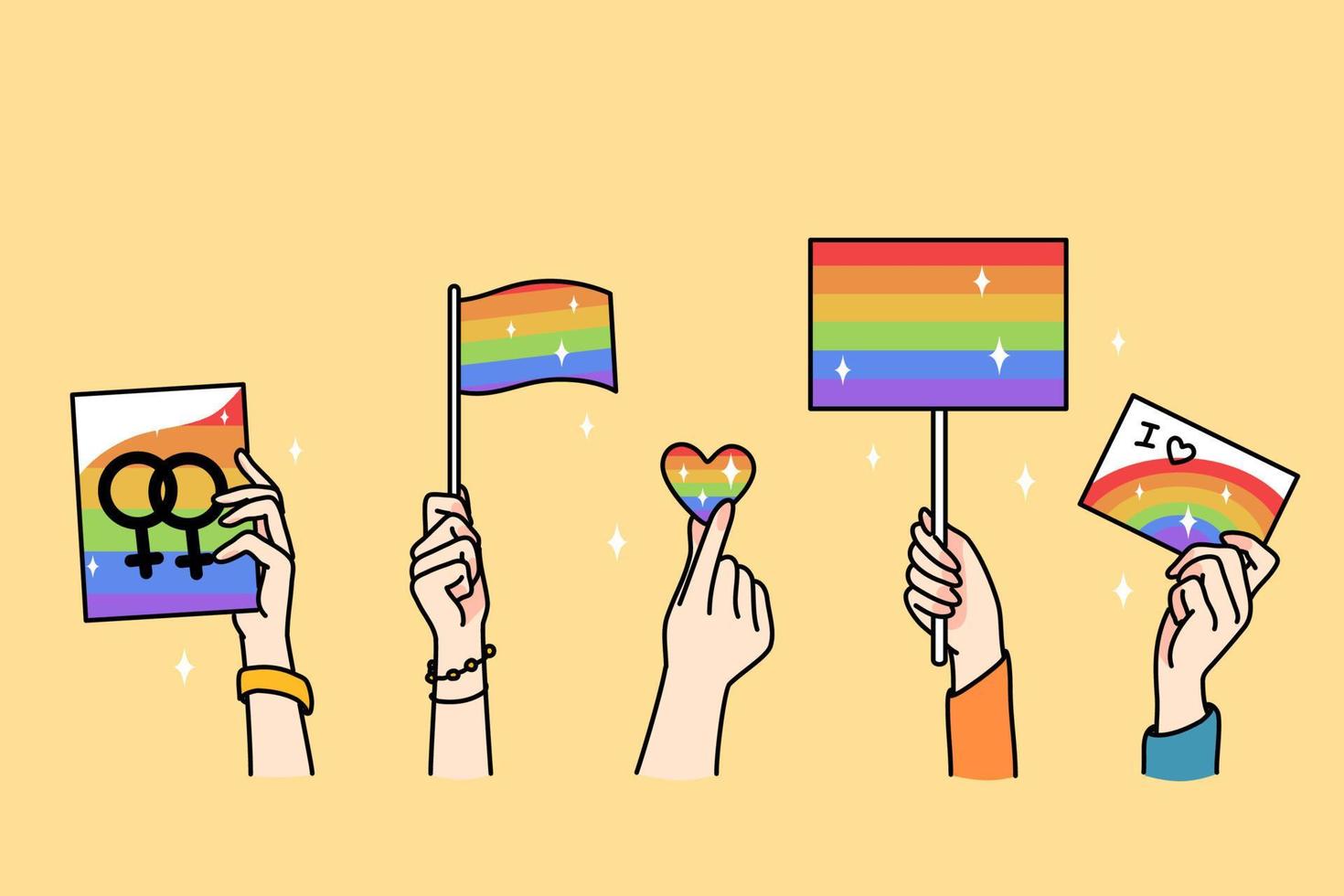 manos de diverso personas sostener lgbt banderas y pancartas celebrar internacional gay día. voluntarios tener celebracion en orgullo mes. homosexualidad y género igualdad. vector ilustración.