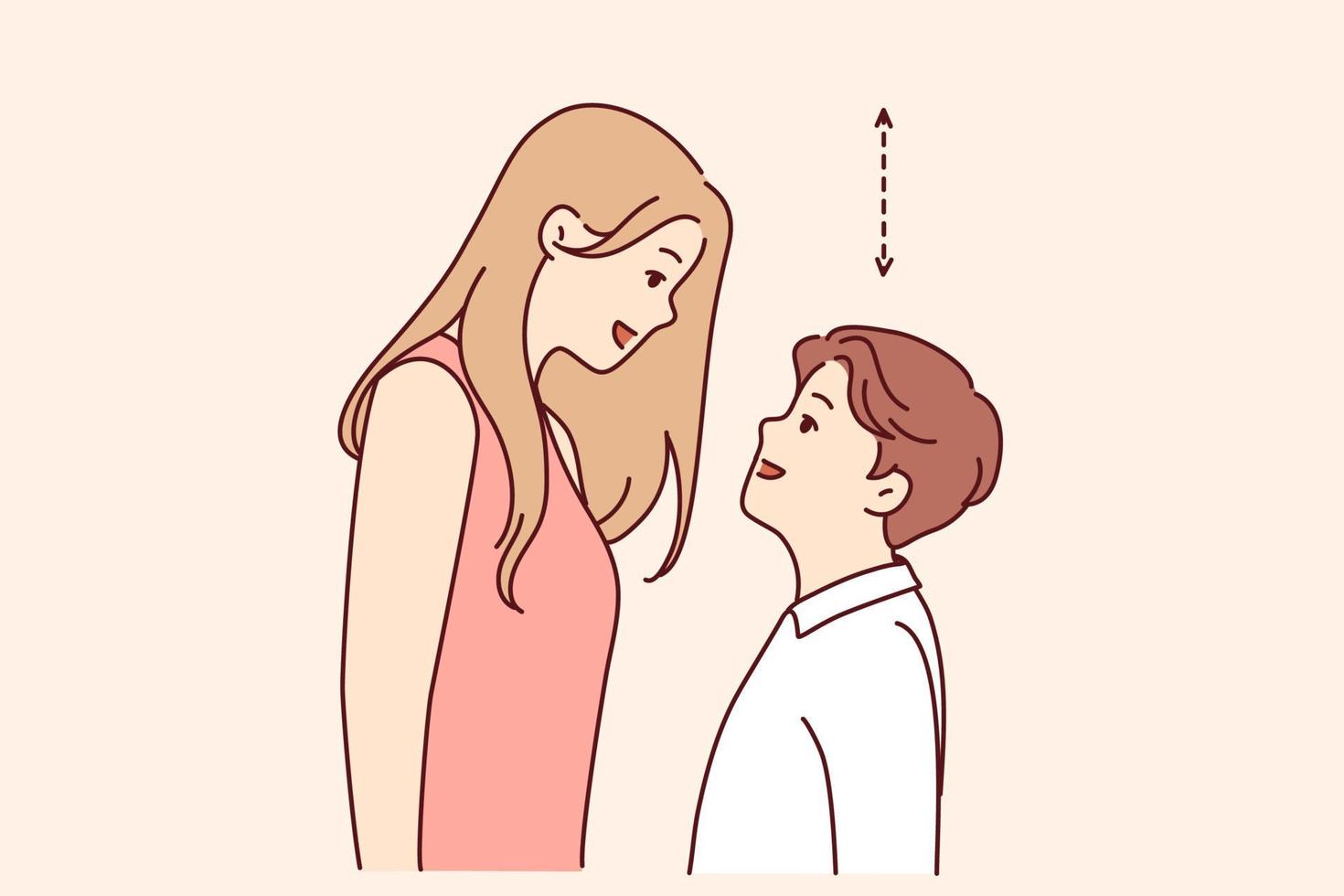 Couple with different height look in eyes. Tall woman and short man contrasting height. Relationship problem concept. Vector illustration.