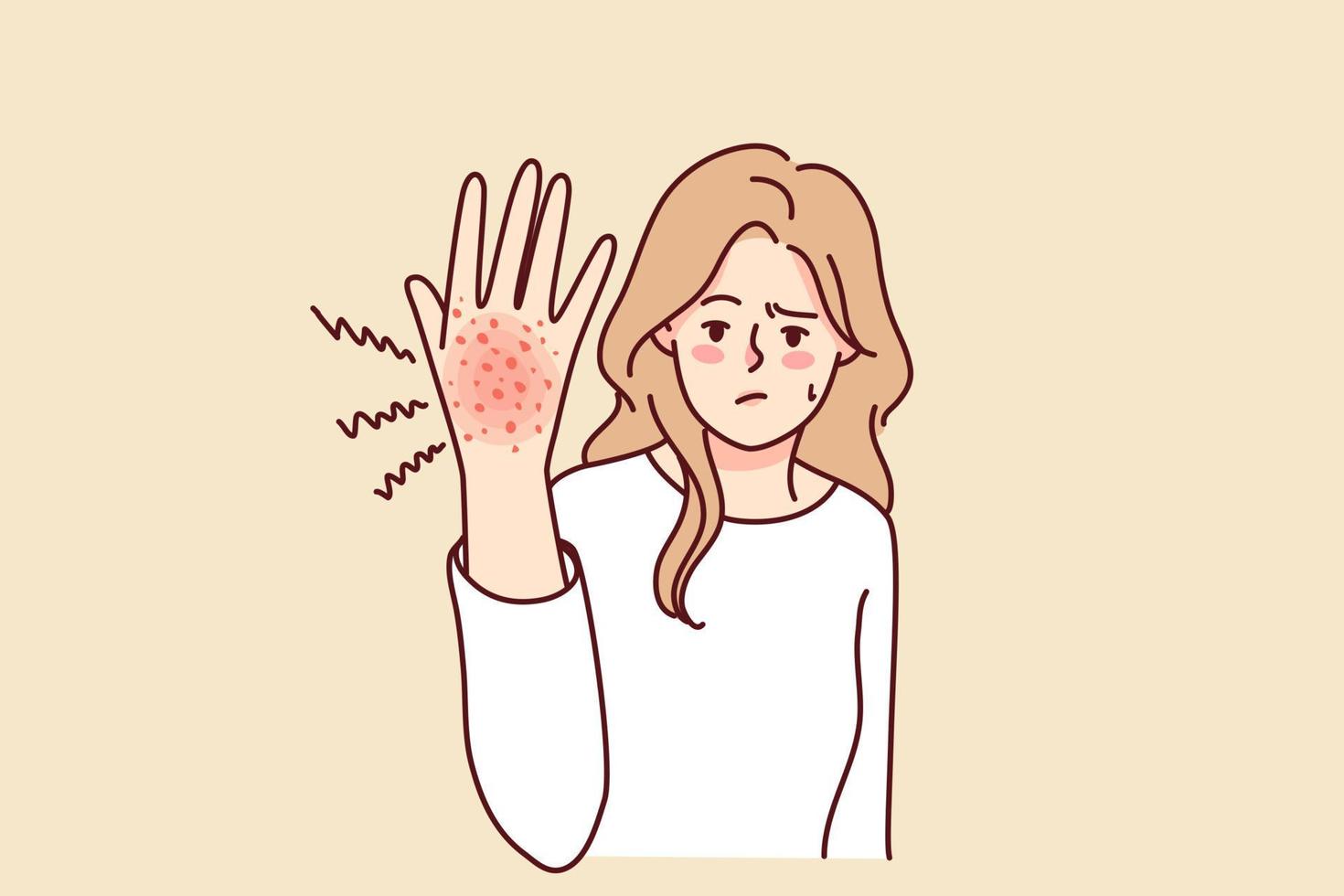 Unhappy woman suffer from redness on hand. Unwell girl struggle with psoriasis or seasonal allergy. Healthcare concept. Vector illustration.