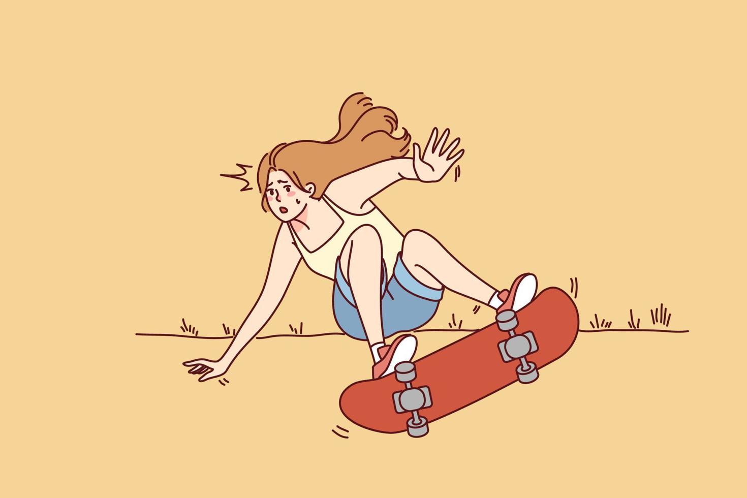 Woman riding skate falling outside. Girl have fun starting on street falling from sport equipment. Vector illustration.