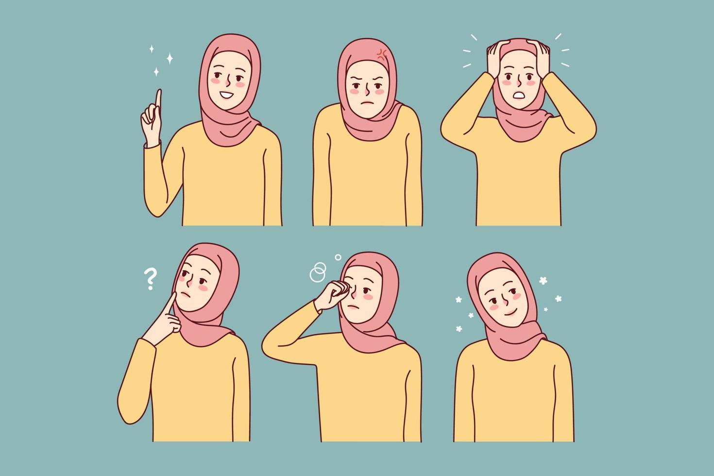 Set of young woman in hijab. Collection of Muslim female in traditional clothes showing different emotions. Vector illustration.