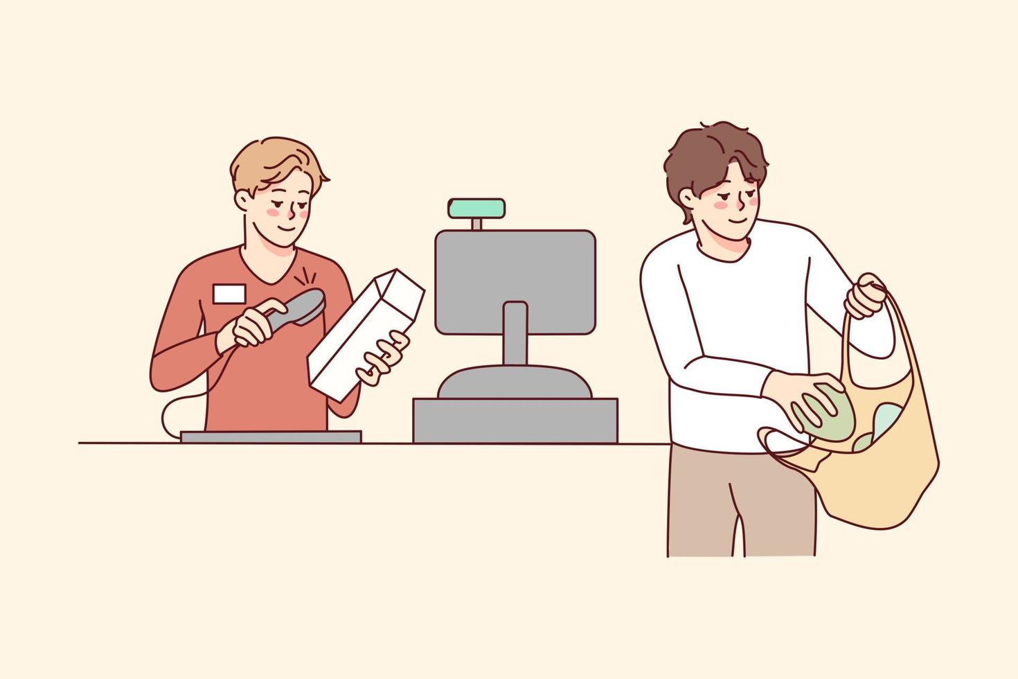 Man buying groceries in supermarket. Cashier beep sell products to male client in store. Consumerism and shopping. Vector illustration.