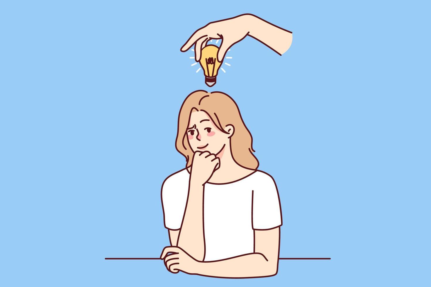 Frustrated woman with lightbulb above head thinking making solution. Consumed pensive businesswoman generate creative innovative idea. Vector illustration.
