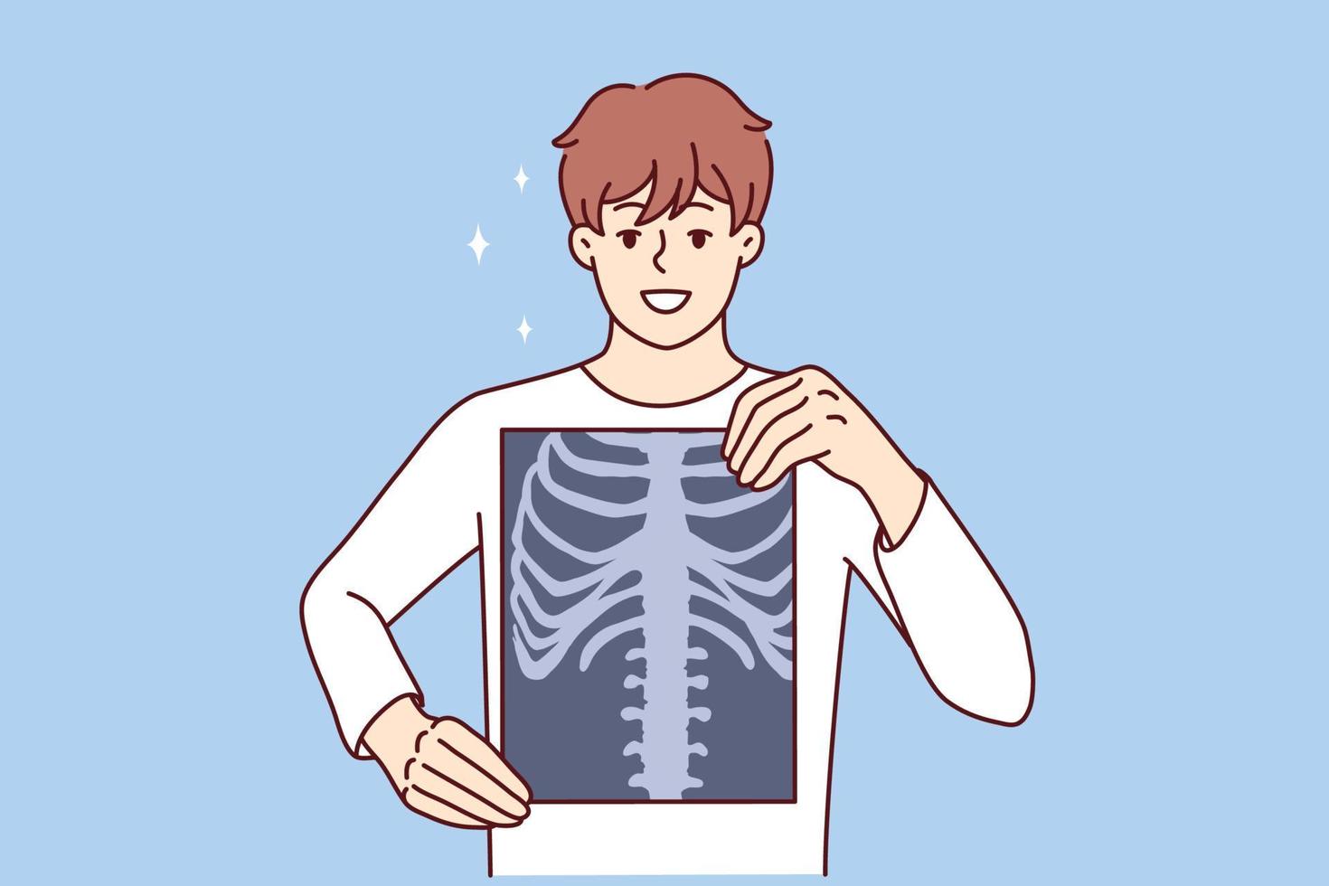 Man applies x-ray film to chest to prove absence of cancerous tumor or spinal injury. Guy with x-ray picture after fluorography procedure made under control of doctor radiologist in hospital vector