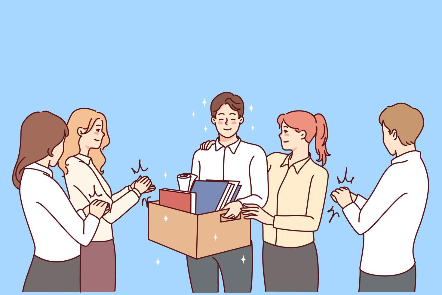 Happy employee welcome newcomer at workplace. Smiling businesspeople meet newbie in office. Employment and recruitment. Vector illustration.