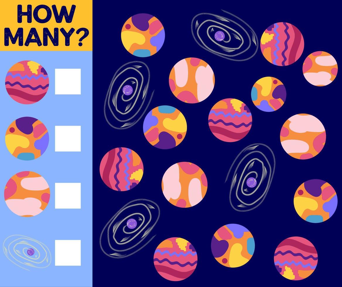 Counting Game for Preschool Children. Educational a mathematical game. Count how many space objects and write the result vector