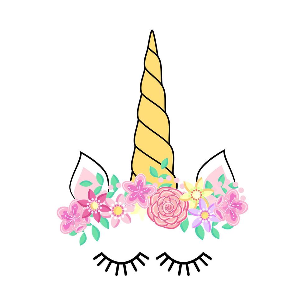 Cute unicorn face. Funny character with rose flowers. Card and shirt print design. Colorful vector
