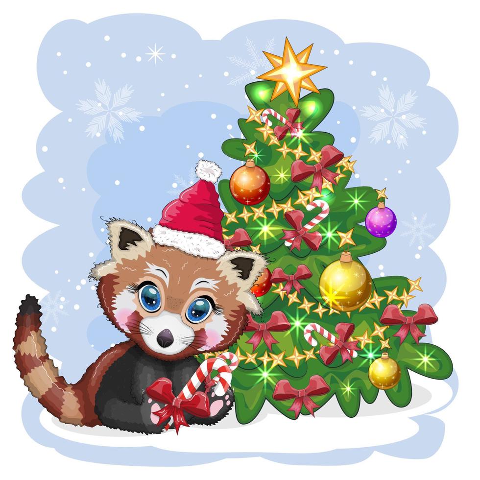 Red panda in santa hat with a ball near the christmas tree, cute character, christmas and new year greeting card, rare animals vector