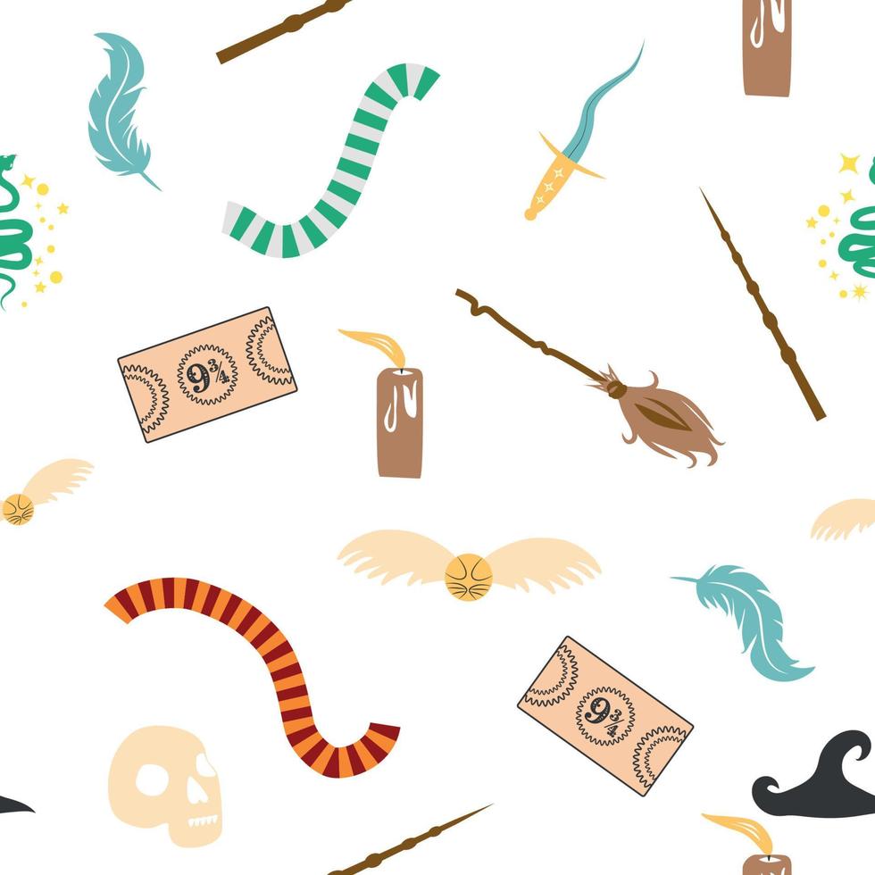 Magic items seamless pattern in flat style. School of Magic. Pumpkin, key, magic ball, feather, spider, purple hat, broom, skull, snake vector