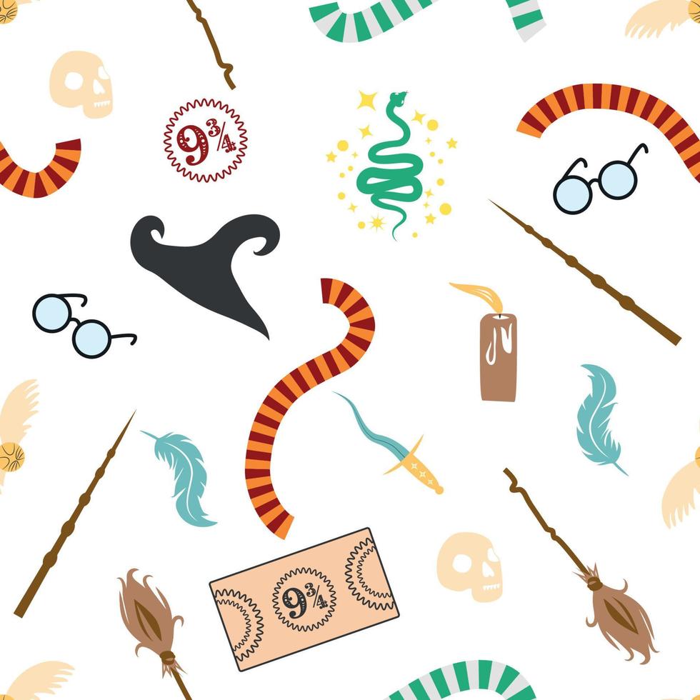 Magic items seamless pattern in flat style. School of Magic. Pumpkin, key, magic ball, feather, spider, purple hat, broom, skull, snake vector