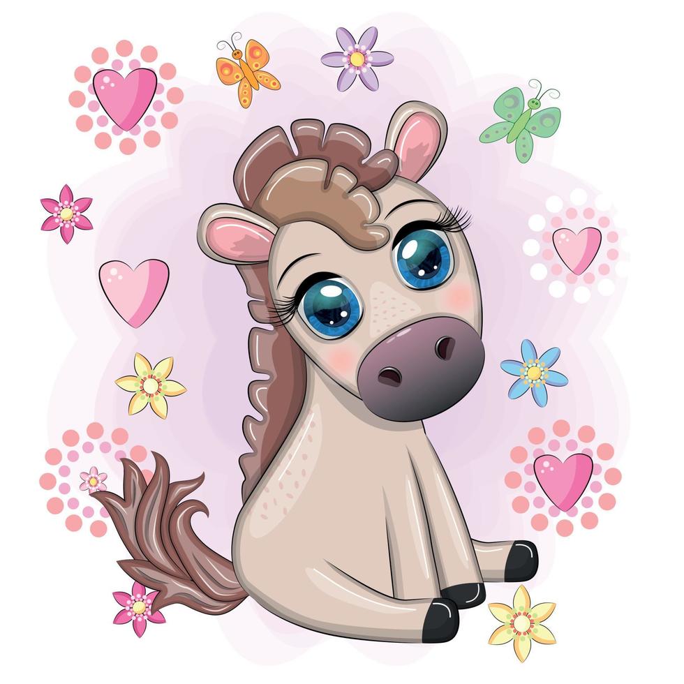 lindo caballo de dibujos animados, pony para tarjeta con flores, globos, corazón vector