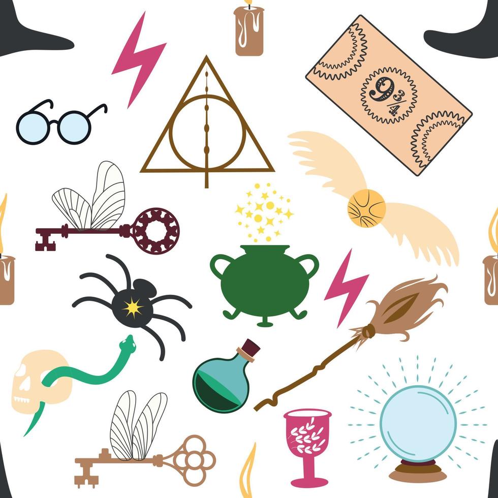 Magic items seamless pattern in flat style. School of Magic. Pumpkin, key, magic ball, feather, spider, purple hat, broom, skull, snake vector