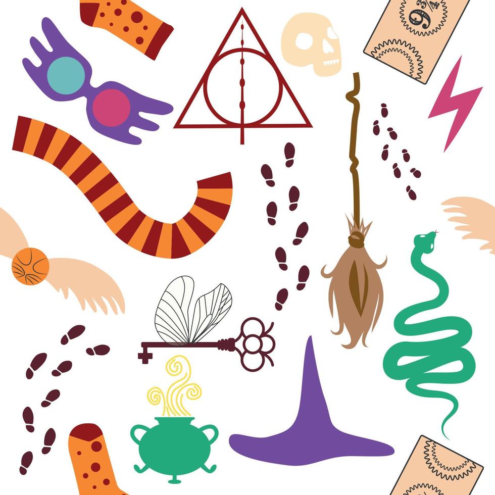 Magic items seamless pattern in flat style. School of Magic. Pumpkin, key, magic ball, feather, spider, purple hat, broom, skull, snake vector