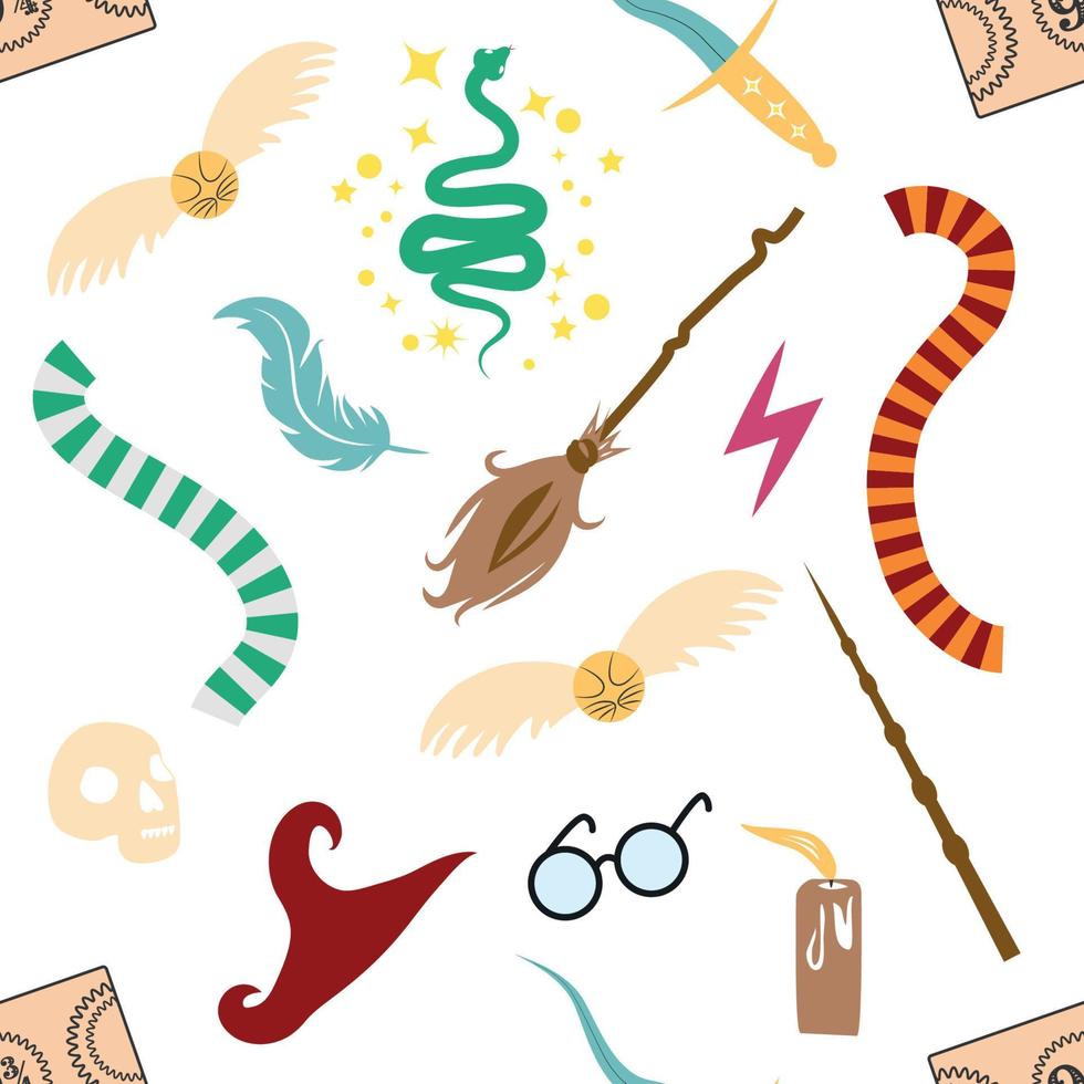 Magic items seamless pattern in flat style. School of Magic. Pumpkin, key, magic ball, feather, spider, purple hat, broom, skull, snake vector