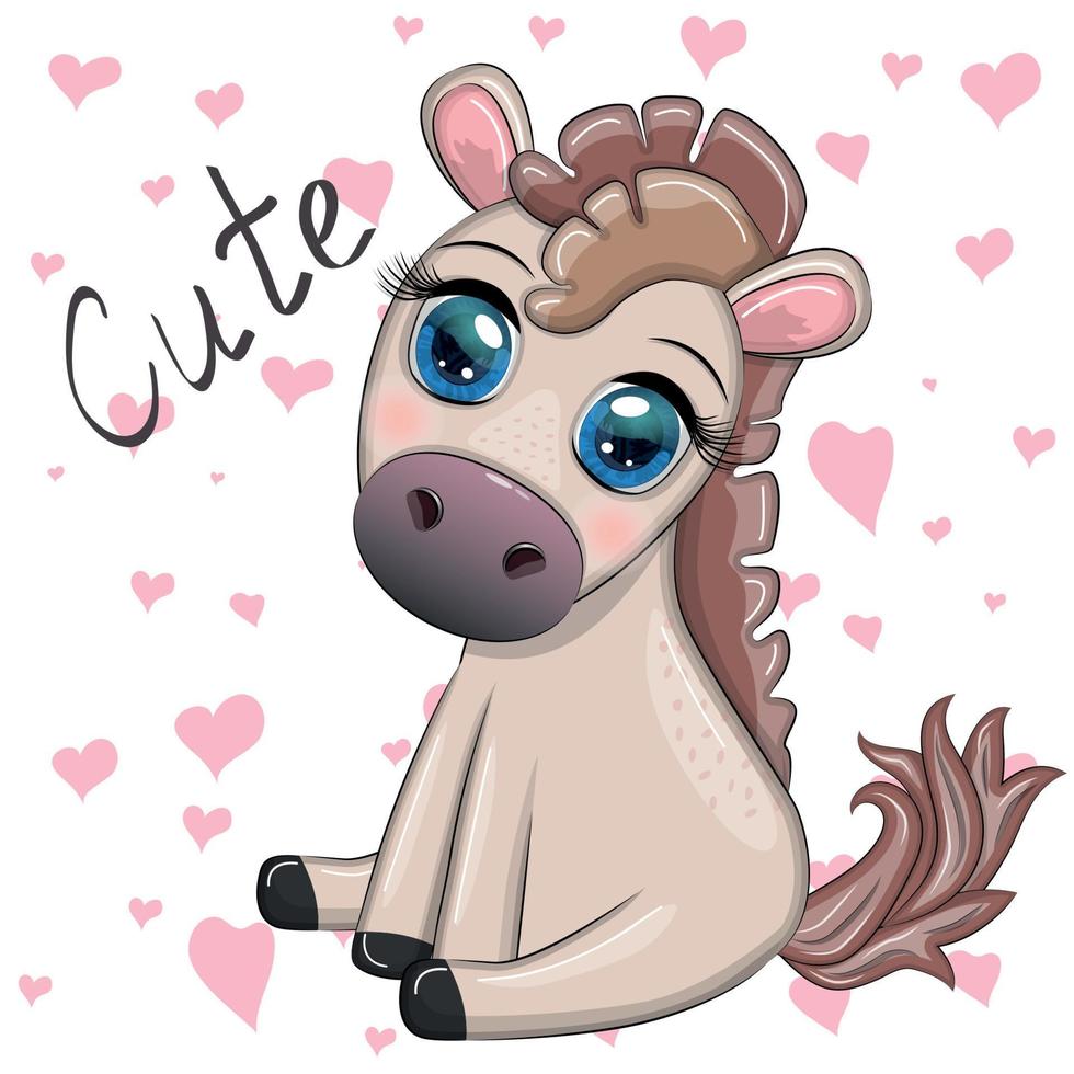 lindo caballo de dibujos animados, pony para tarjeta con flores, globos, corazón vector