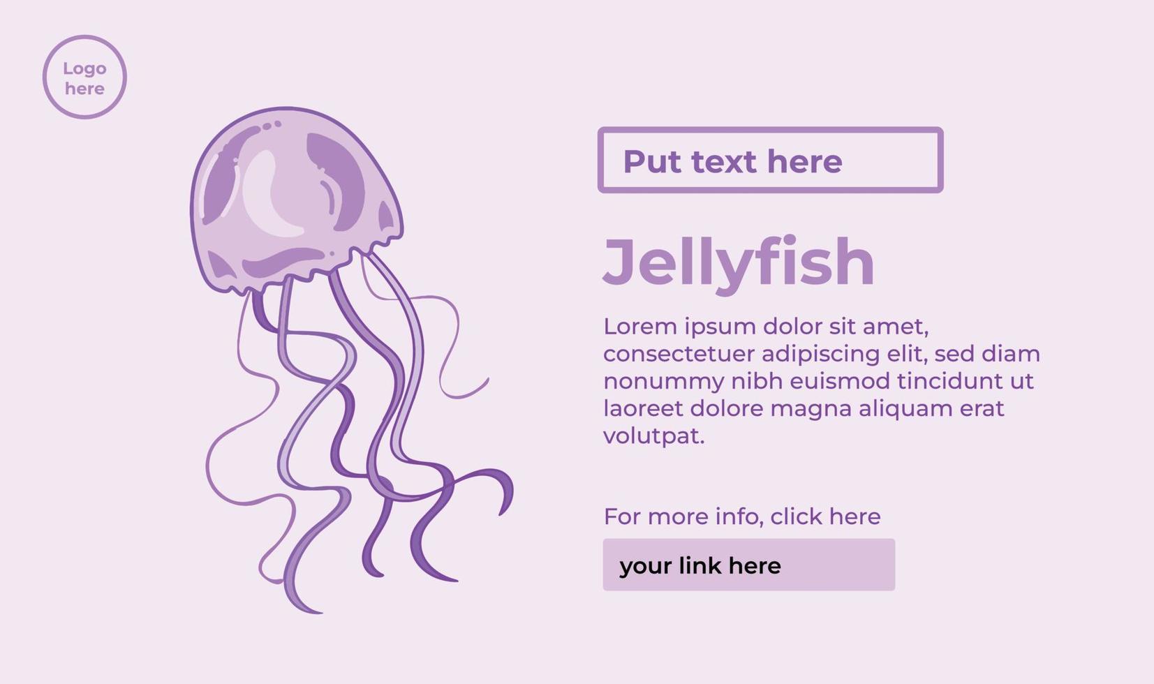 Purple jellyfish sea animal themed banner or poster print layout design with text guide placement vector isolated on landscape template. Education brochure template with simple flat art style.