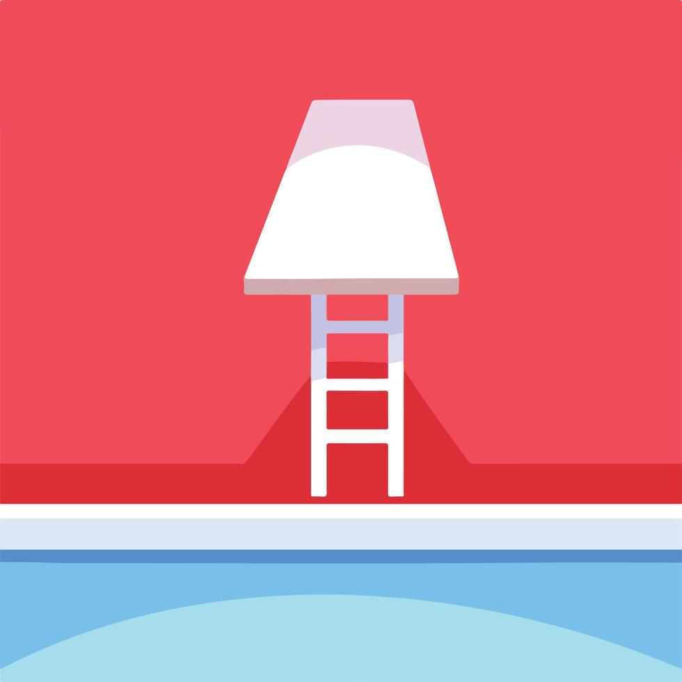 Diving board by blue water swimming pool vector illustration isolated on square red background. Simple and flat art concept design for social media post cover, poster, banner, and others.