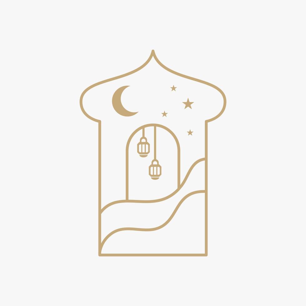 Ramadan Eid Mubarak post art with Boho arch. Modern Islamic pattern. Card with Arabian mosque towers and moon. Religious holiday. Night landscape vector