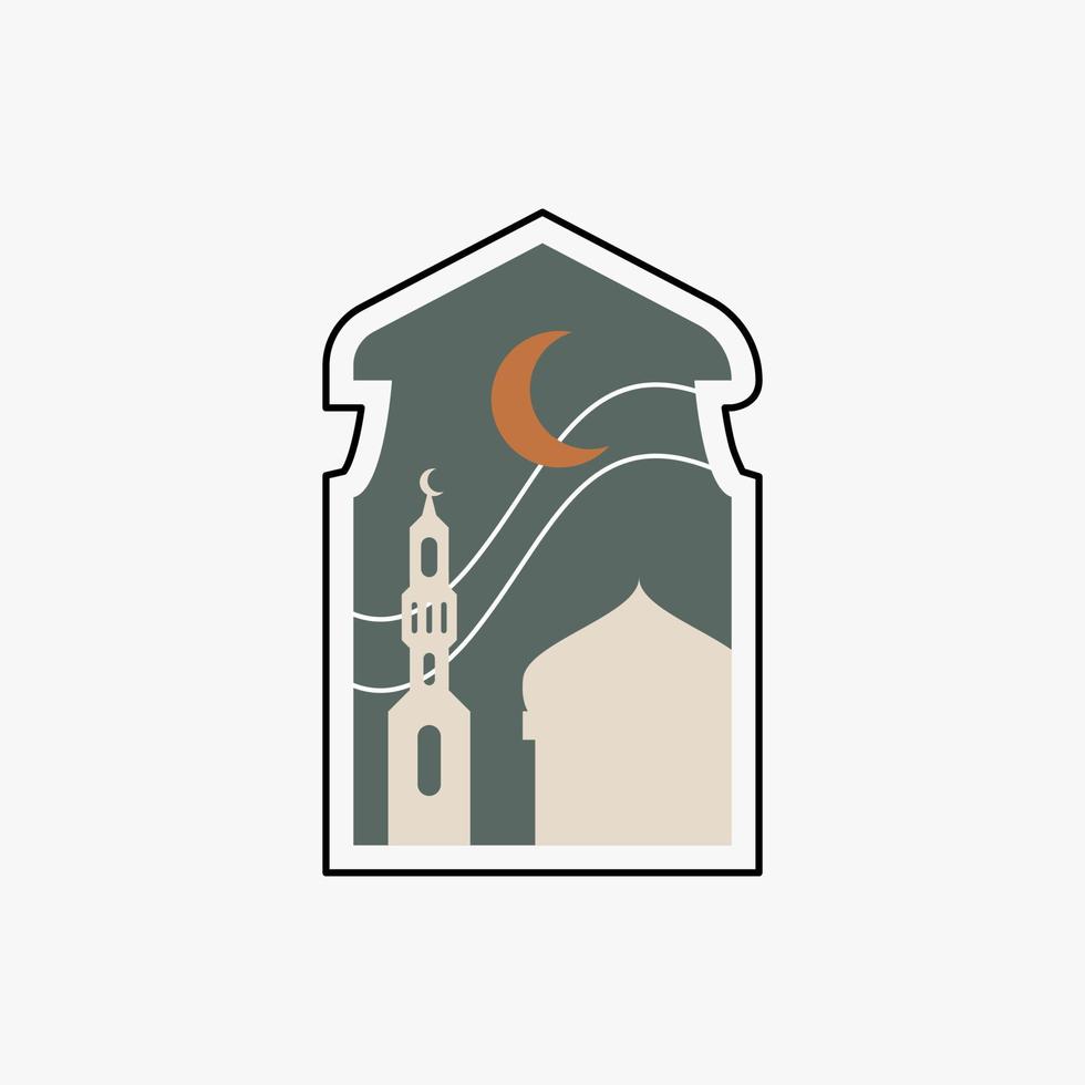 Ramadán eid Mubarak enviar Arte con boho arco. moderno islámico modelo. tarjeta con árabe mezquita torres y Luna. religioso día festivo. noche paisaje vector