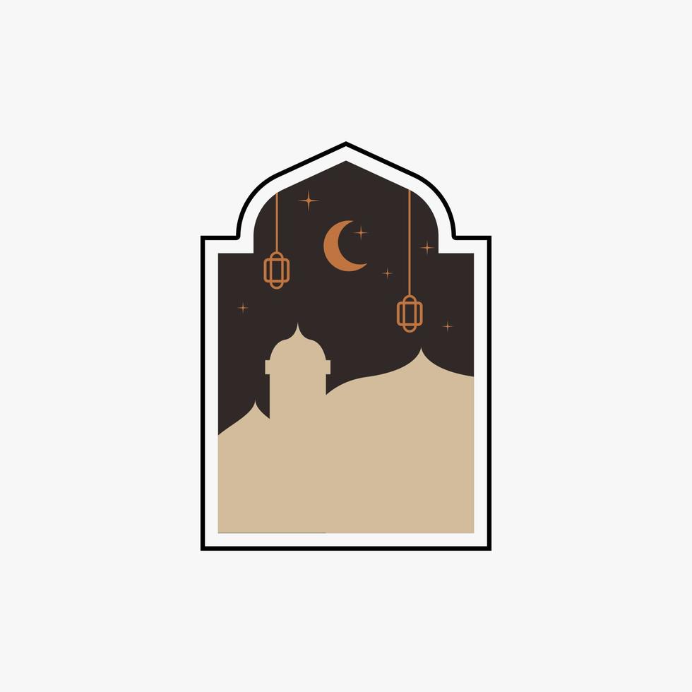 Ramadán eid Mubarak enviar Arte con boho arco. moderno islámico modelo. tarjeta con árabe mezquita torres y Luna. religioso día festivo. noche paisaje vector